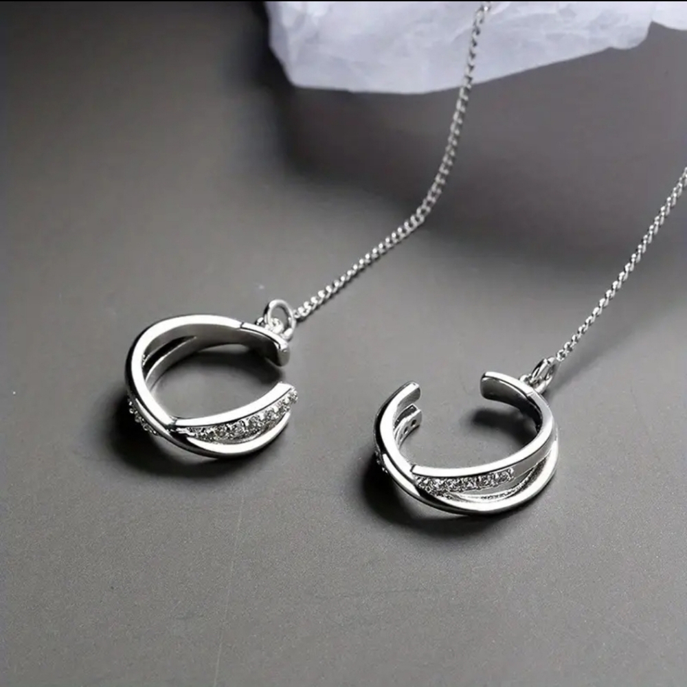 1 Pair SILVER THREADER EARRINGS WITH ATTACHED CZ PAVE CUFFS 925 - Picture 3 of 9